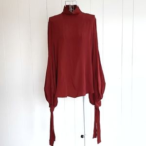 NWT MNG Suit Mango Pomegranate Red Mock Neck Tie Bell Sleeve Silk Blouse Size L